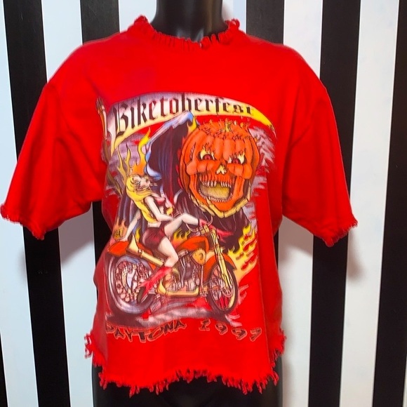 1997 Daytona Biketoberfest Halloween Pin-Up/Motorcycle Custom Fringe Retro Tee - Picture 2 of 11